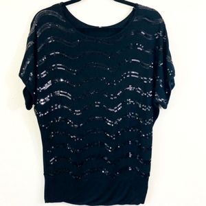 Black Wavy Sequins Blouson Top Women Size S